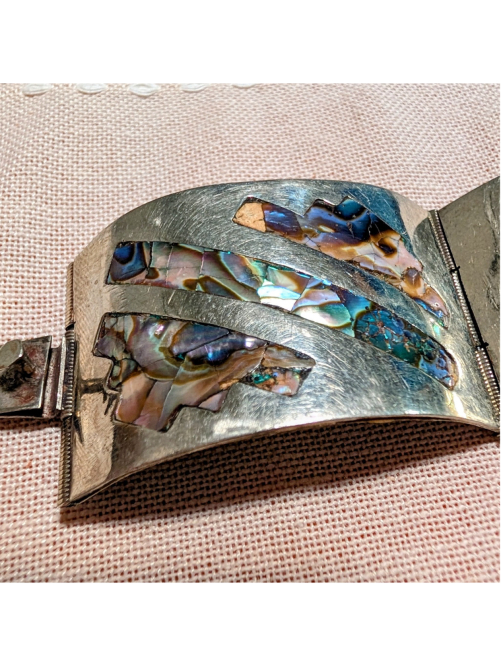 Vintage Taxco Mexico Abalone Shell Inlay Panel Bracelet Wide Statement Cuff MCM - Picture 2 of 9